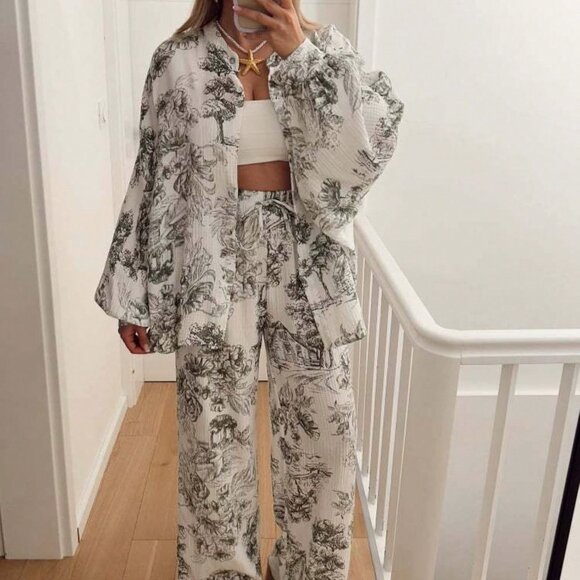 Grey Casual Women's Print Button-Up Pajama Set Sleeve Top & Drawstring Pants